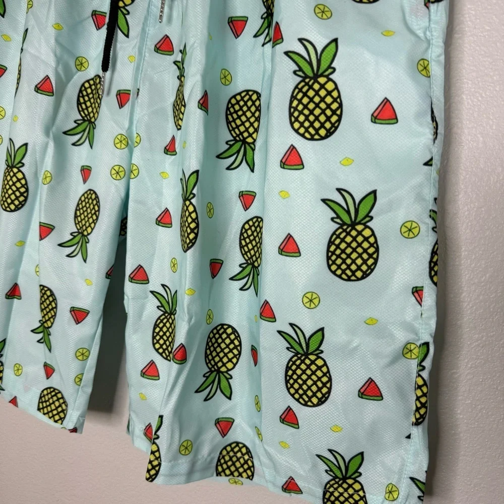 New Men’s Board Shorts XL, Drawstring, Light Blue w/ Pineapples & Watermelon